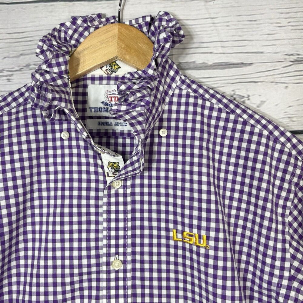 LSU Tigers Upcycled Re-worked Top Ruffle Collar Purple Gingham Small Medium
